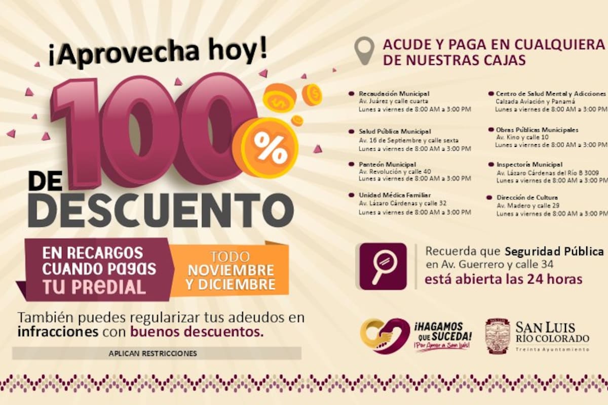 Descuentan recargos del predial hasta 100% en SLRC