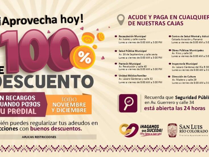 Descuentan recargos del predial hasta 100% en SLRC