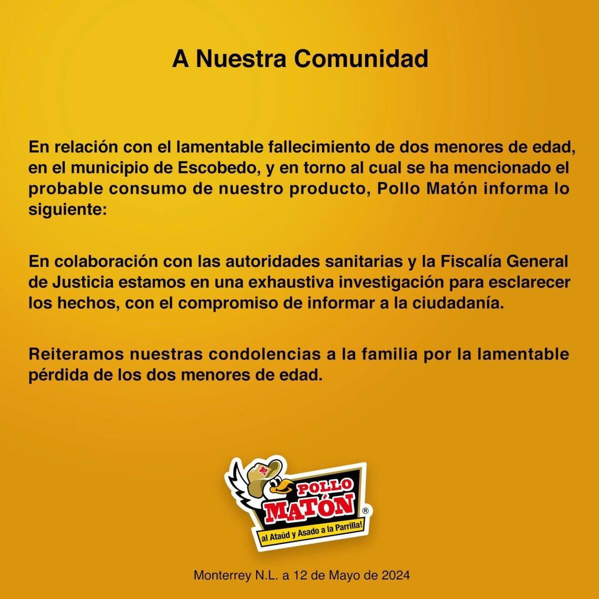 Cominicado de El Pollo Matón. Foto tomada de Facebook