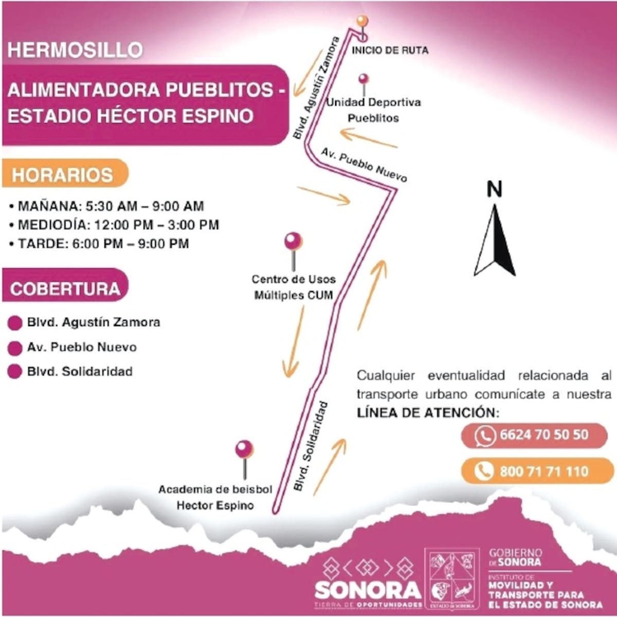 Recorrido que hará la ruta Norte de Pueblitos-Estadio Héctor Espino. FOTO: ESPECIAL