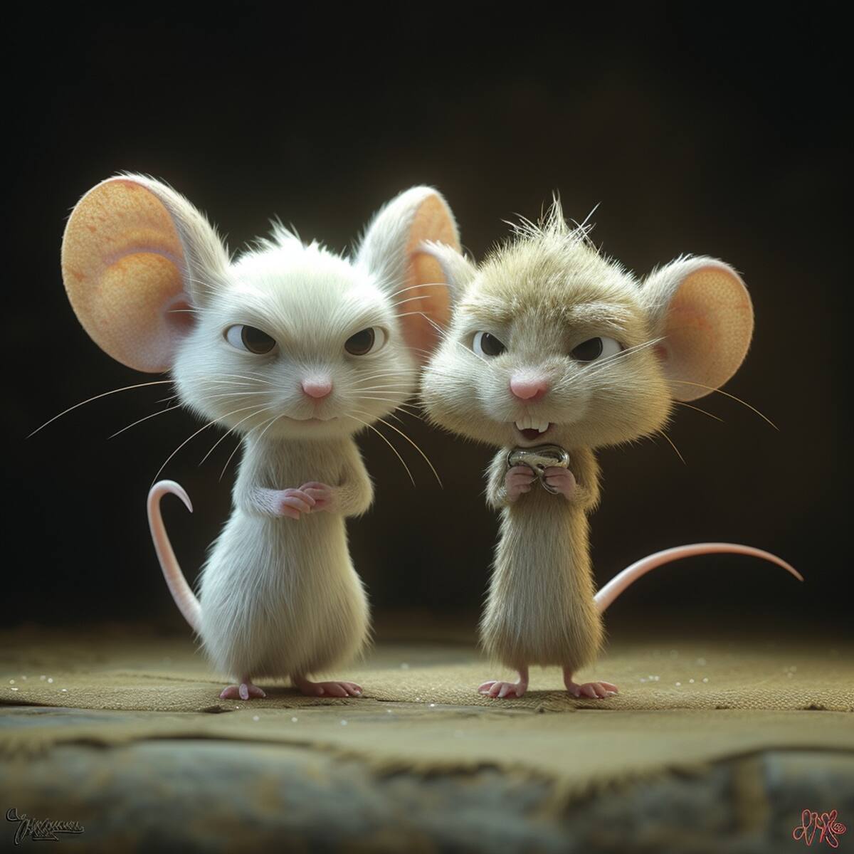 Cara a cara: La versión de la IA destaca la diferencia de tamaño entre Cerebro y Pinky, manteniendo la esencia de su relación cómica.