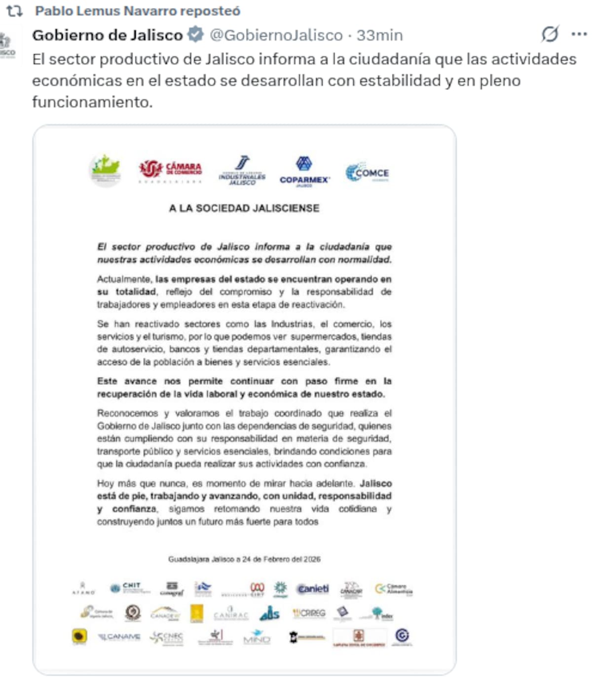 Jalisco retira alerta roja este martes 24 de febrero.