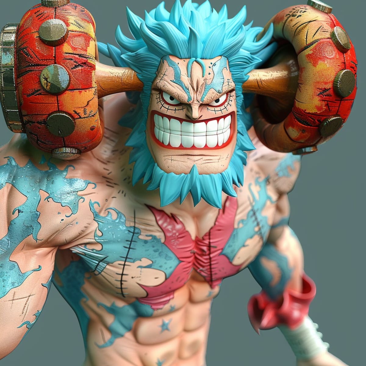 La inteligencia artificial de Midjourney da vida a Franky de One Piece con una sonrisa deslumbrante y un estilo único, destacando su cabello azul y brazos imponentes.