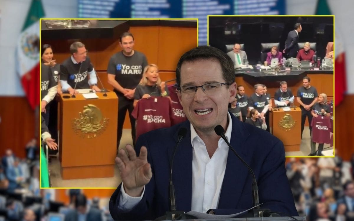 Ricardo Anaya lleva camisetas de “Yo con Maru” al Senado y reta a Morena a usar una de “Yo con Rocha” durante debate judicial. | Crédito: Captura de video/Banco digital GH