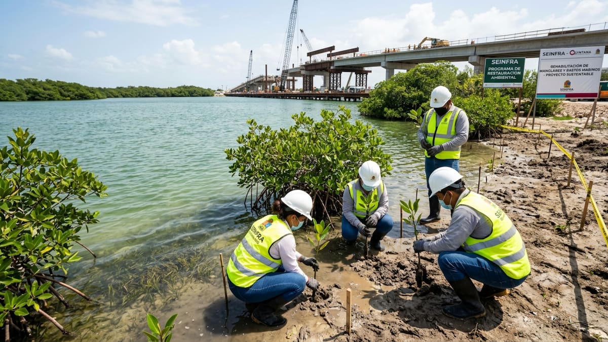 Trabajadores participan en programas de restauración ambiental en la laguna Nichupté, protegiendo manglares, fauna y pastos marinos durante la obra. /Ilustrativa hecha con IA