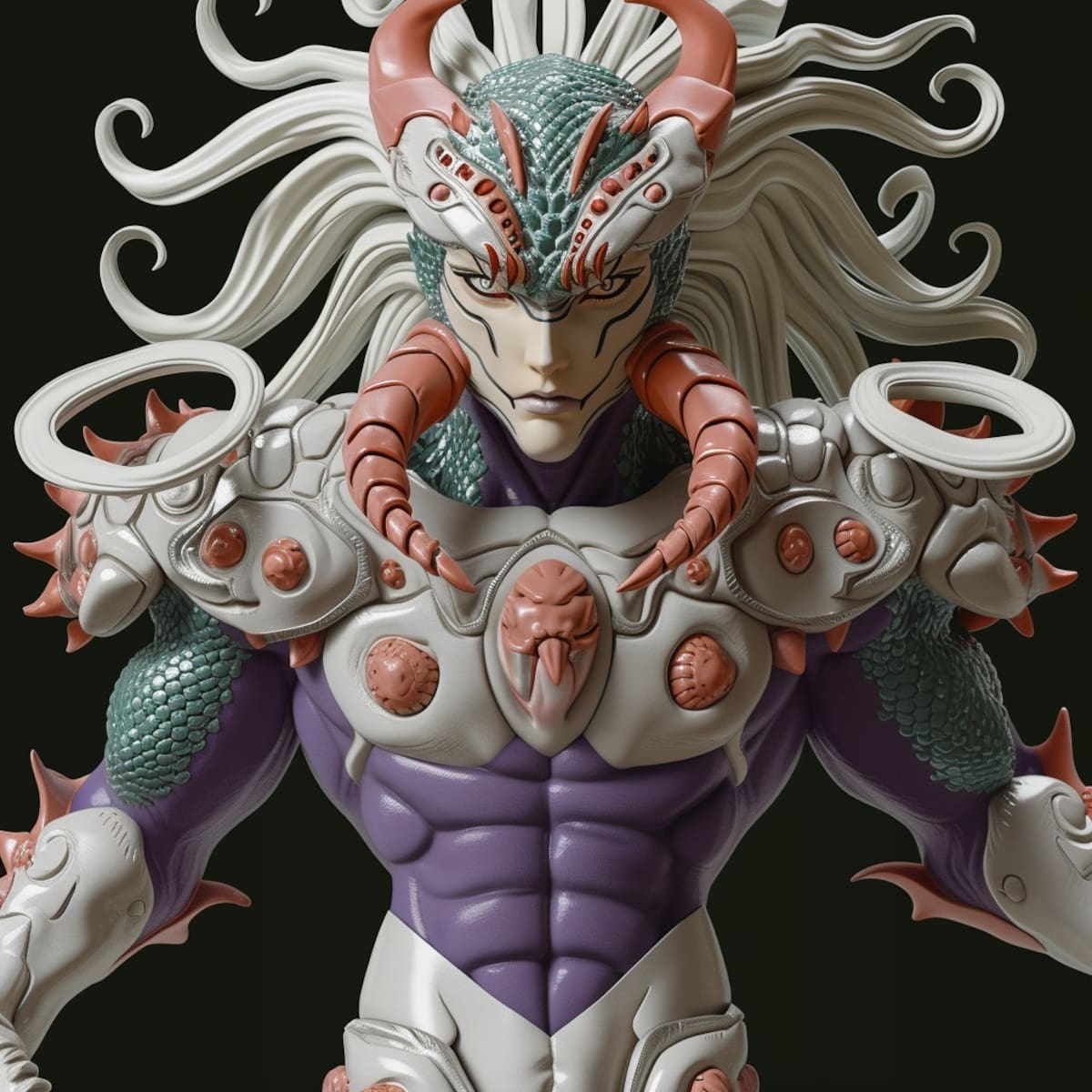 Ichi de Hydra emerge con una mirada aterradora, su rostro reflejando poder y determinación según la visión de la IA de Midjourney.