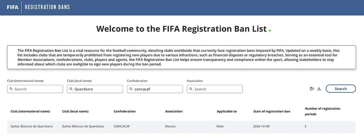 Lista de Prohibición de Registro de la FIFA.