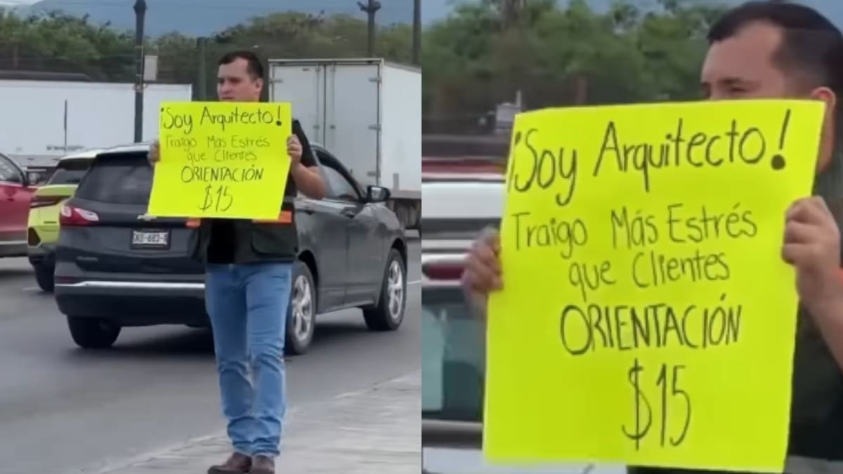 “Tengo más estrés que clientes” Conmueve arquitecto recién egresado que salió al tráfico con un cartel ofreciendo orientación y asesorías