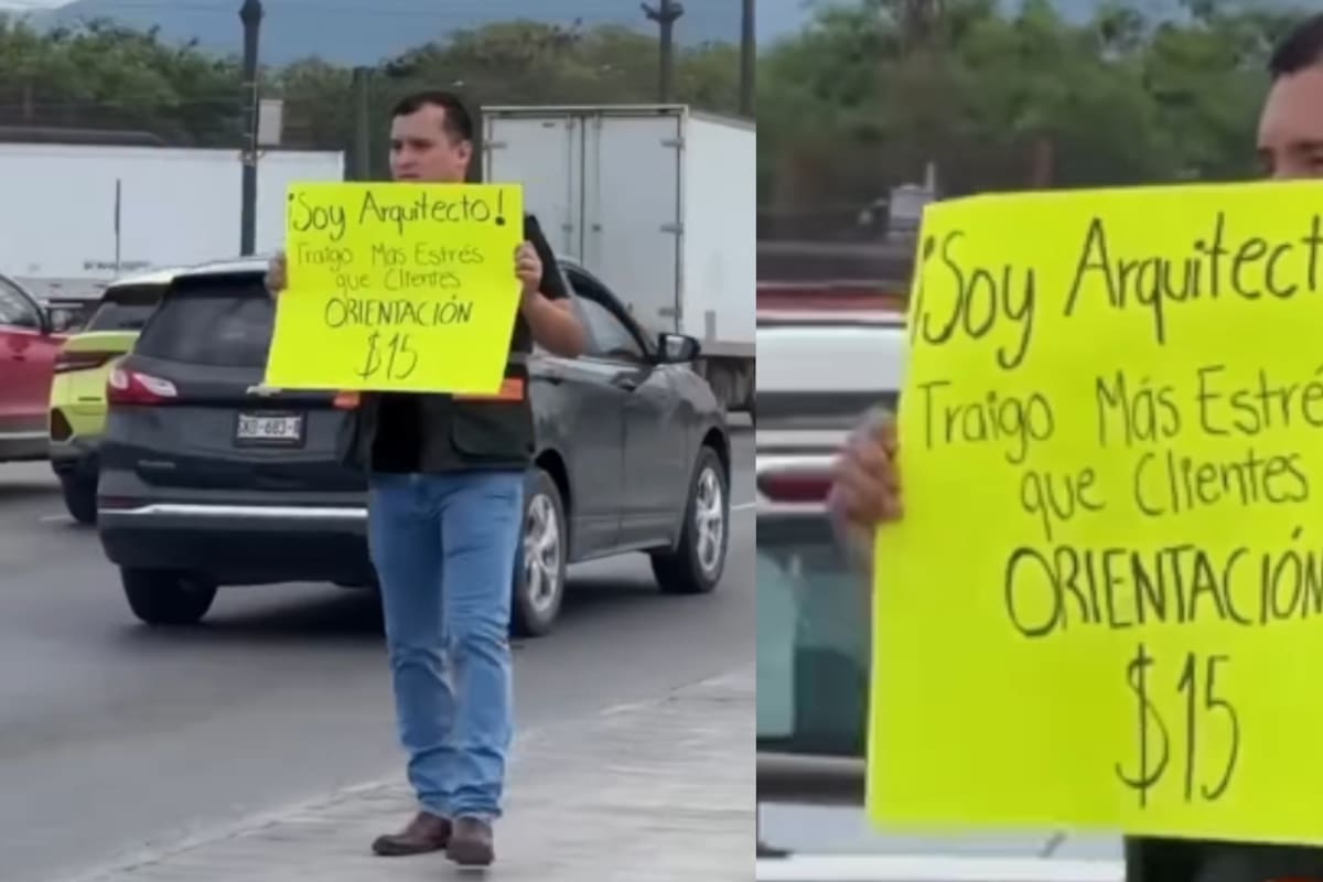 “Tengo más estrés que clientes” Conmueve arquitecto recién egresado que salió al tráfico con un cartel ofreciendo orientación y asesorías