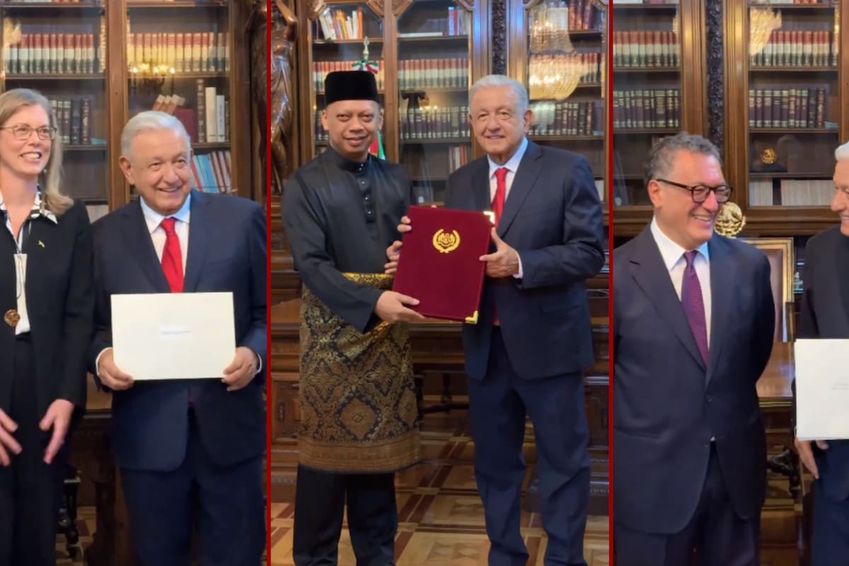 AMLO recibe cartas credenciales de 14 nuevos embajadores en Palacio Nacional