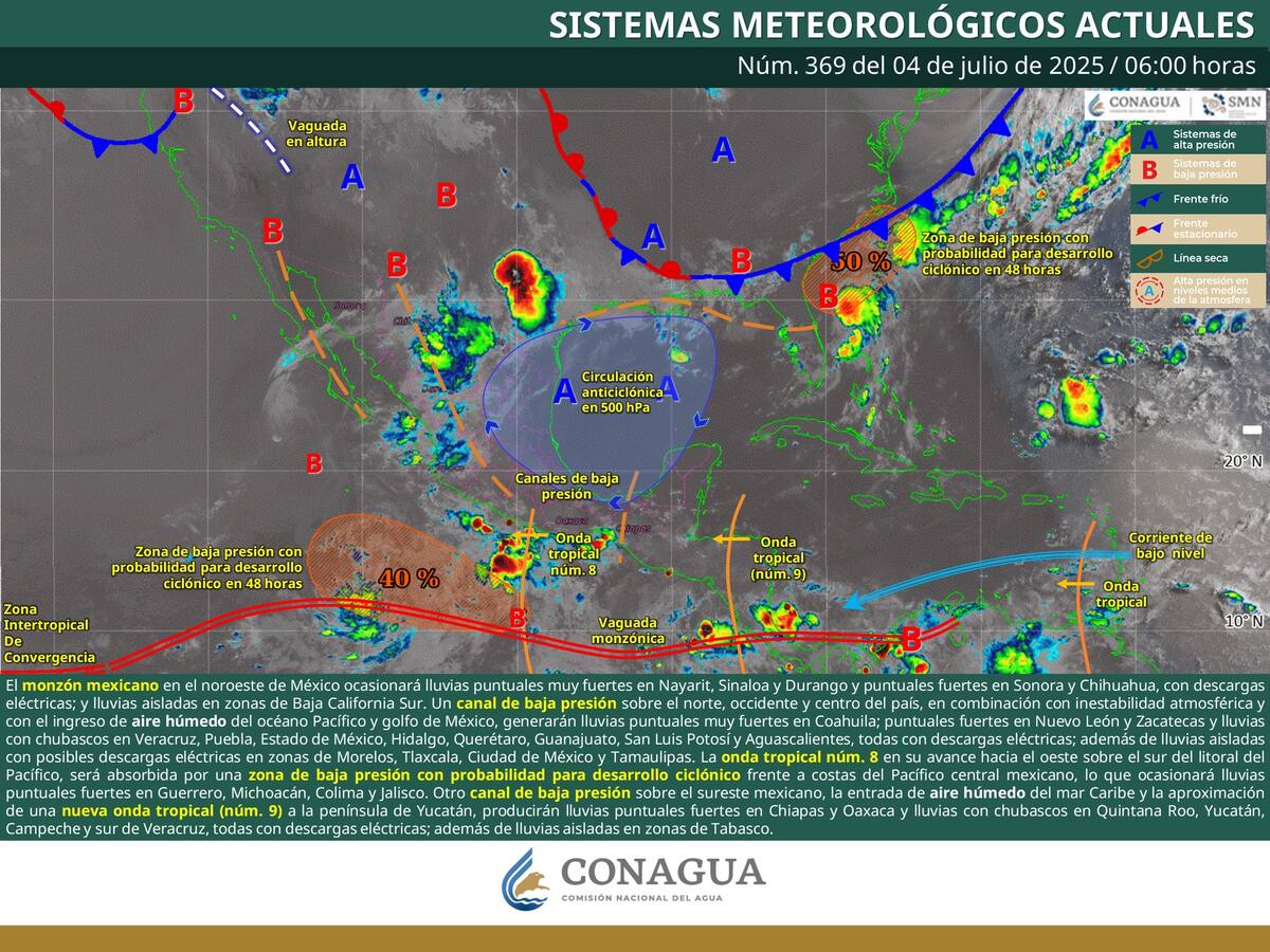 Pronóstico del tiempo para este viernes, 4 de julio del 2025 (Conagua/SMN)
