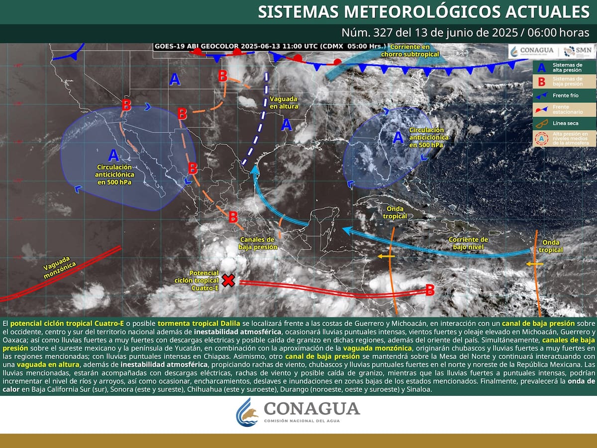 El posible ciclón tropical Cuatro-E impactará zonas del Pacífico y provocará precipitaciones fuertes en buena parte de México, según advirtió el Servicio Meteorológico Nacional. | Crédito: SMN (Conagua)