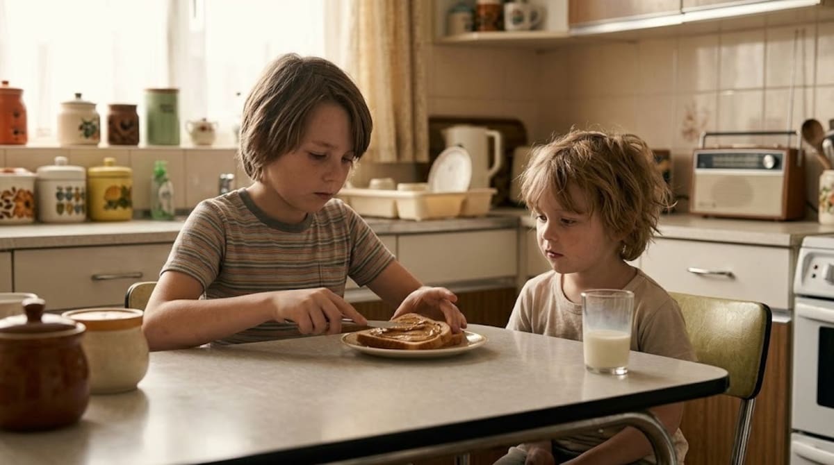 Niño alimenta a su hermano menor. Foto: Gemini