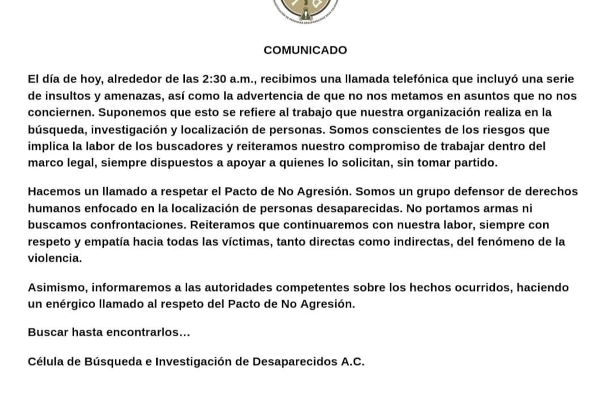 Reciben amenazas la Célula de Búsqueda e Investigación de Personas Desaparecidas en Baja California A. C.
