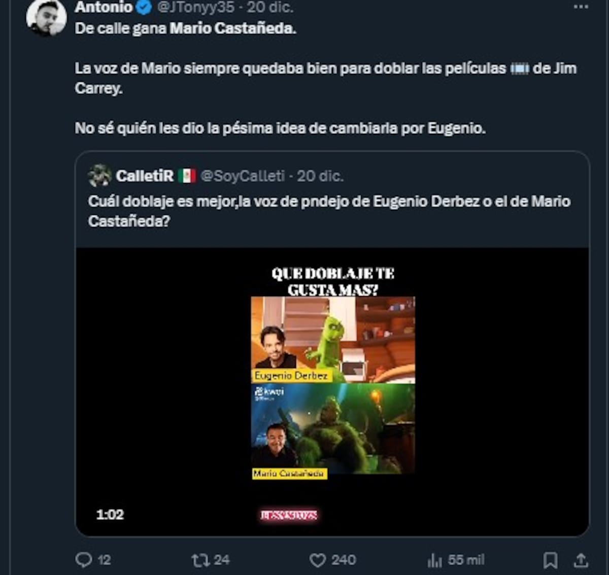 Comparan el doblaje de Eugenio Derbez y Mario Castañeda en “El Grinch” / Cuenta de X: @JTonyy35