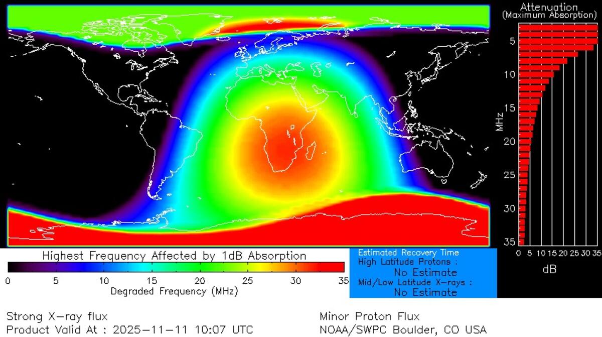 Apagones de radio asociados con la llamarada solar X5.1 del 11 de noviembre. (Foto: Centro de Predicción del Clima Espacial de la NOAA).
