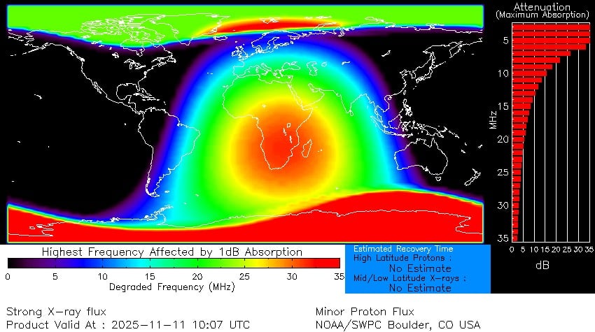 Apagones de radio asociados con la llamarada solar X5.1 del 11 de noviembre. (Foto: Centro de Predicción del Clima Espacial de la NOAA).