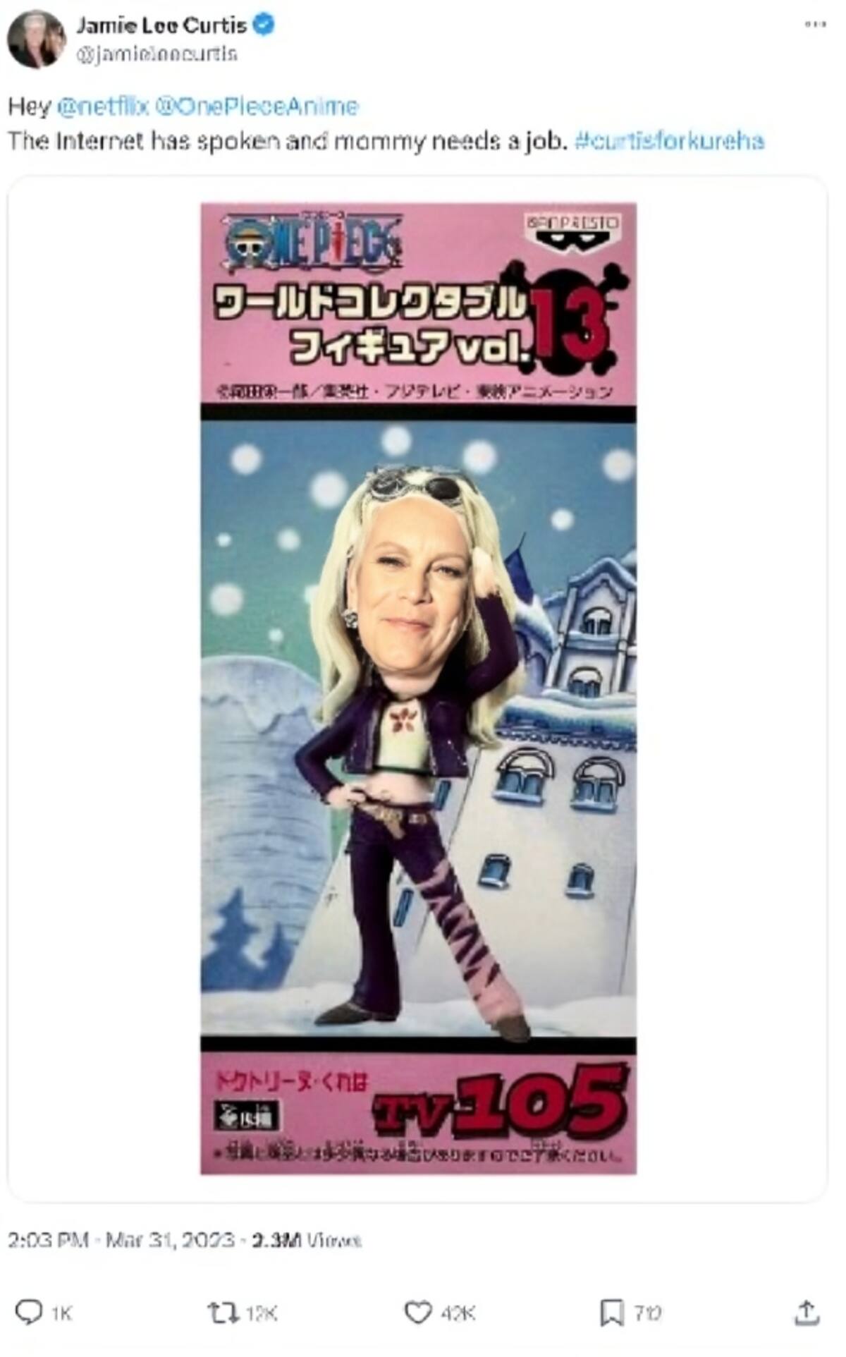 Jamie Lee Curtis estaba emocionada con la idea de estar en One Piece / Cuenta de X: @jamieleecurtis