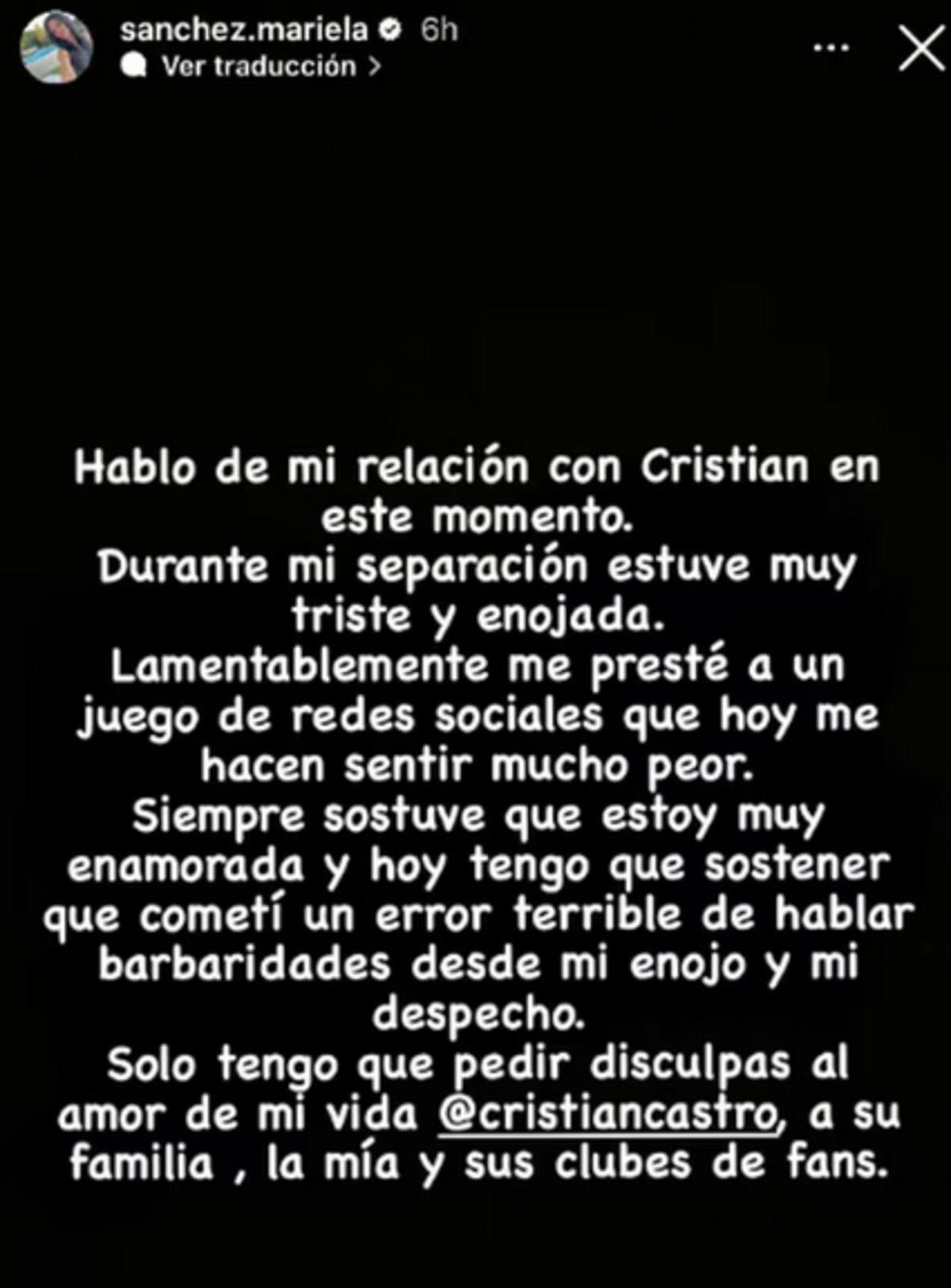 Mensaje de Mariela Sánchez en sus redes sociales.