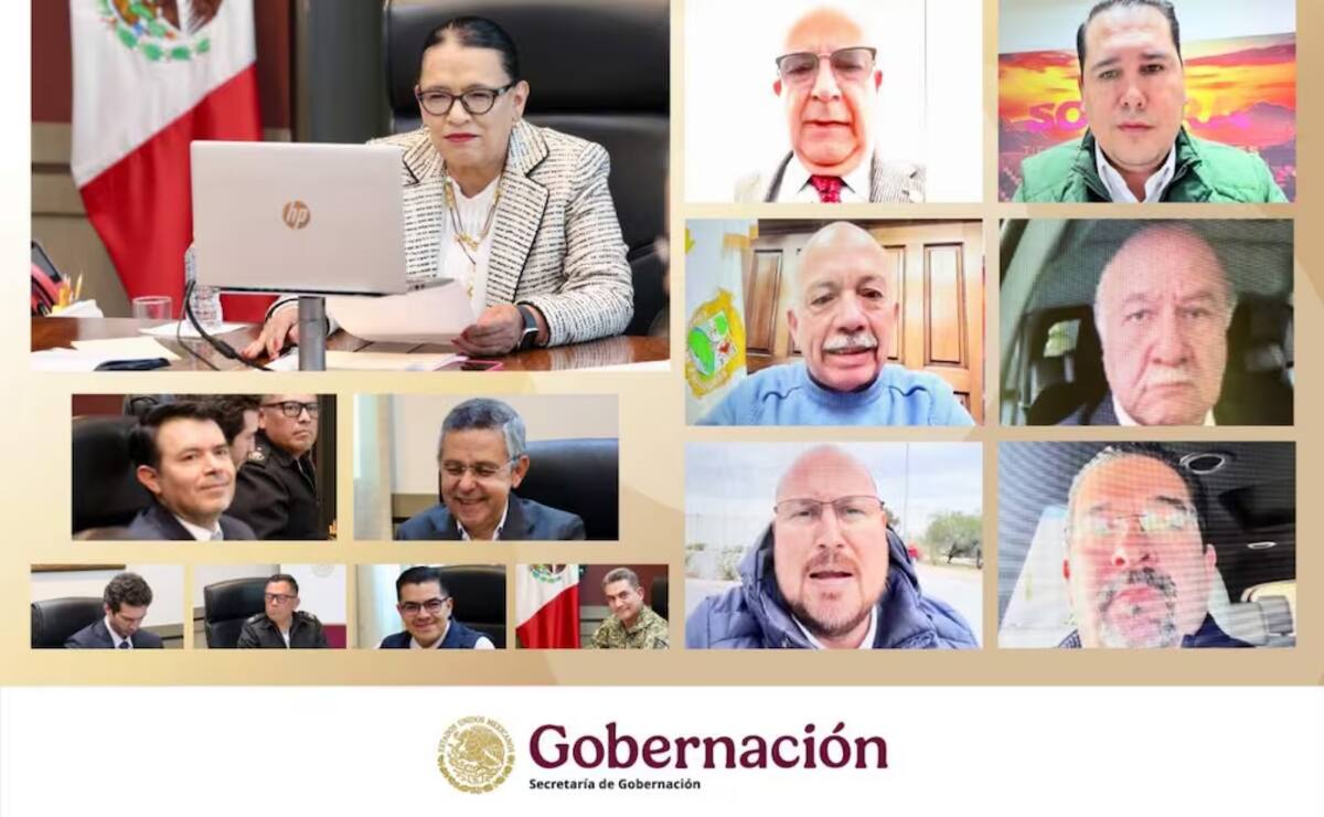 La secretaria de Gobernación sostuvo un encuentro virtual con los secretarios de gobierno de Baja California, Coahuila, Nuevo León, Chihuahua y Tamaulipas. Foto: Segob