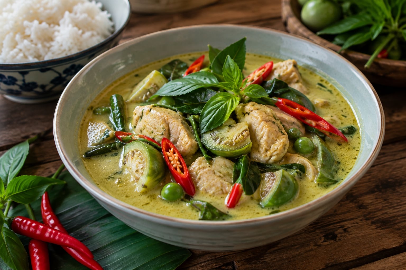 El curry verde tailandés combina pollo, berenjena, chiles rojos, albahaca y hojas de lima kaffir en una salsa cremosa de leche de coco, acompañado tradicionalmente con arroz blanco. | Crédito: Imagen hecha con IA de ChatGPT