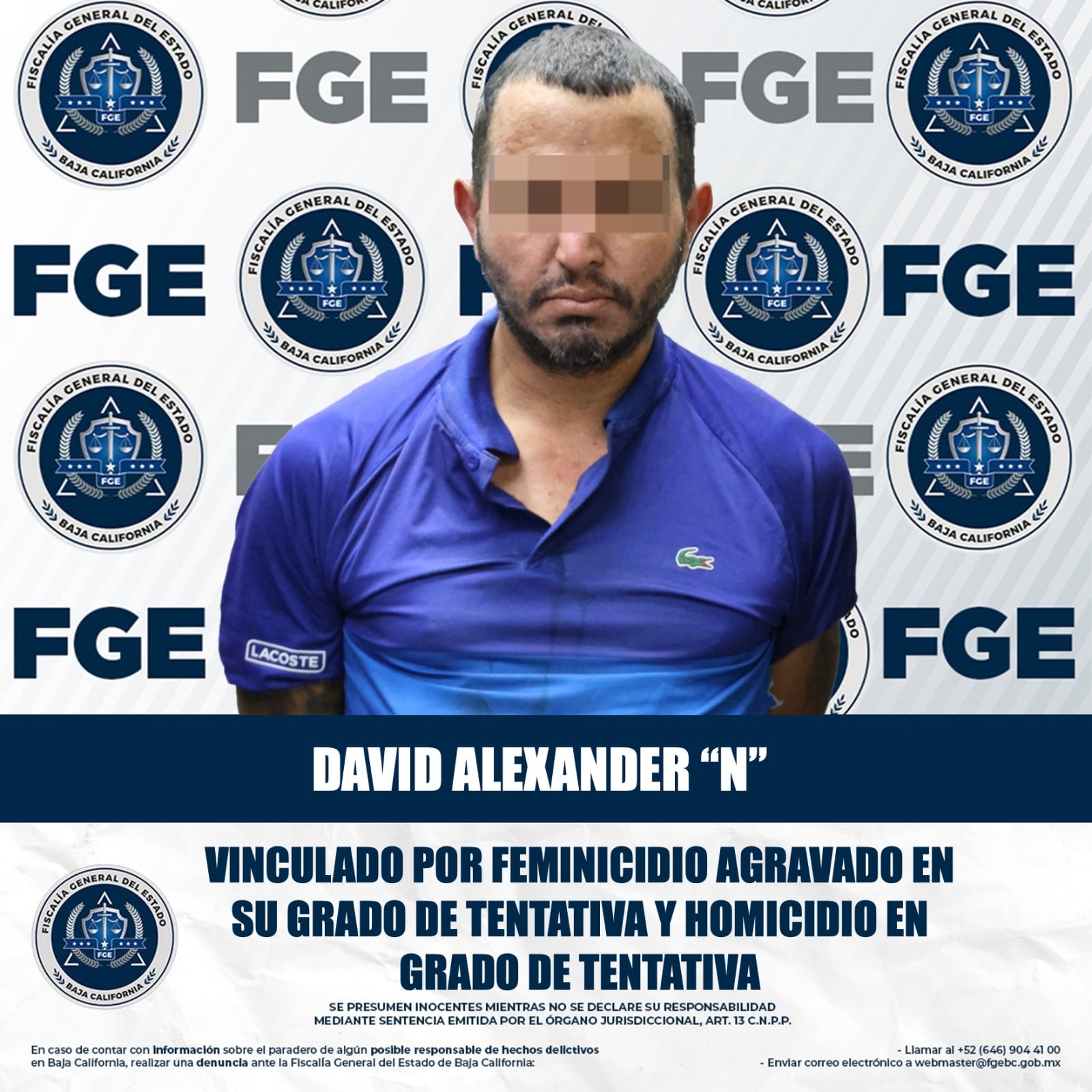 David Alexander “N” fue vinculado a proceso y quedó en prisión preventiva por su presunta participación en un ataque armado contra una pareja en Mexicali. Foto: Cortesía