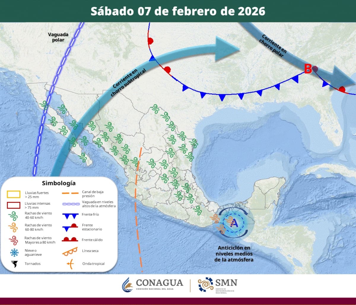 Pronóstico del clima para el sábado 7 de febrero del 2026. | Crédito: SMN