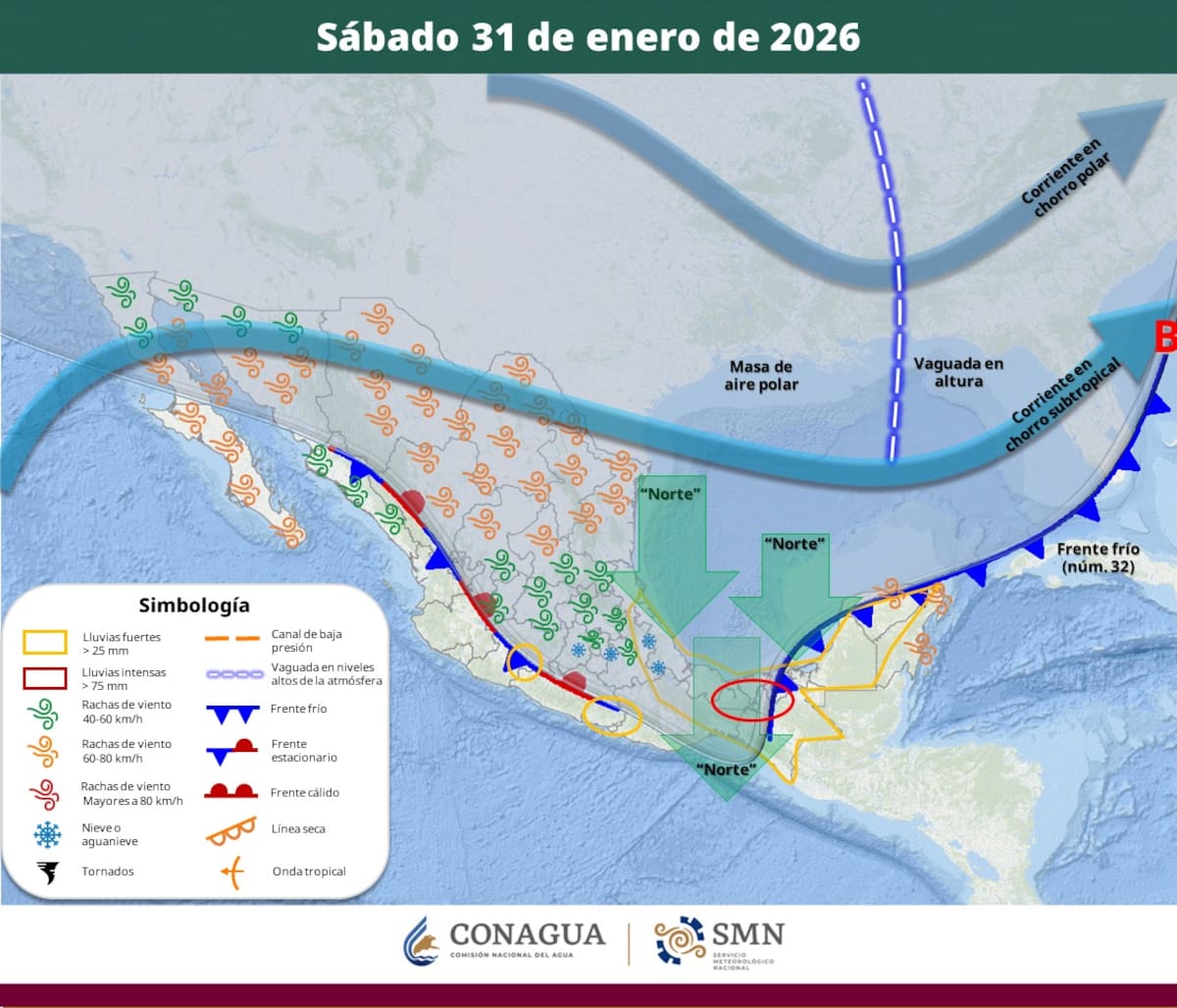 Pronóstico del clima para el sábado 31 de enero del 2026. | Crédito: SMN