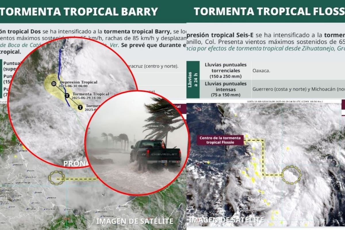 Se forman las tormentas tropicales Flossie y Barry en el Pacífico y el Atlántico; amenazan con intensas lluvias, vientos fuertes y oleaje en estos estados de México
