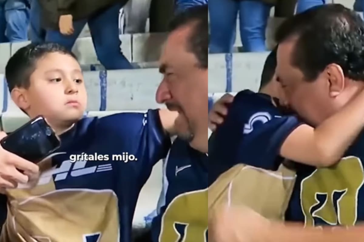 Aficionado de Pumas conmueve al llorar con su hijo tras la derrota y pedirle un abrazo; el momento se vuelve viral