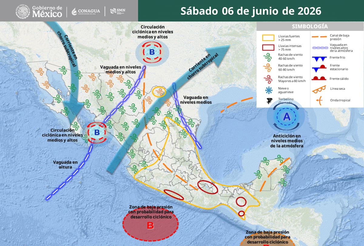 Áreas en vigilancia por desarrollo de tormentas significativas para el sabado 6 de junio. | SMN.