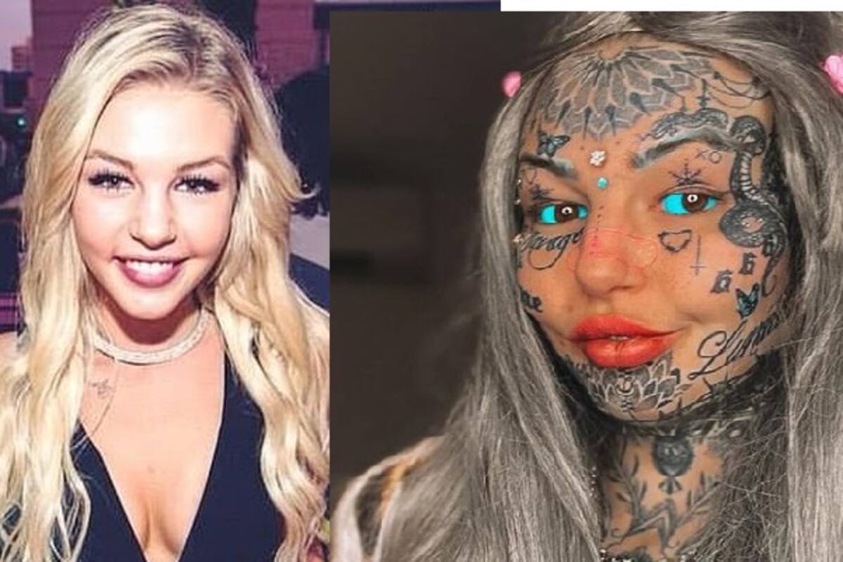 Mujer con 600 tatuajes en todo el cuerpo, se maquilla el rostro, queda irreconocible