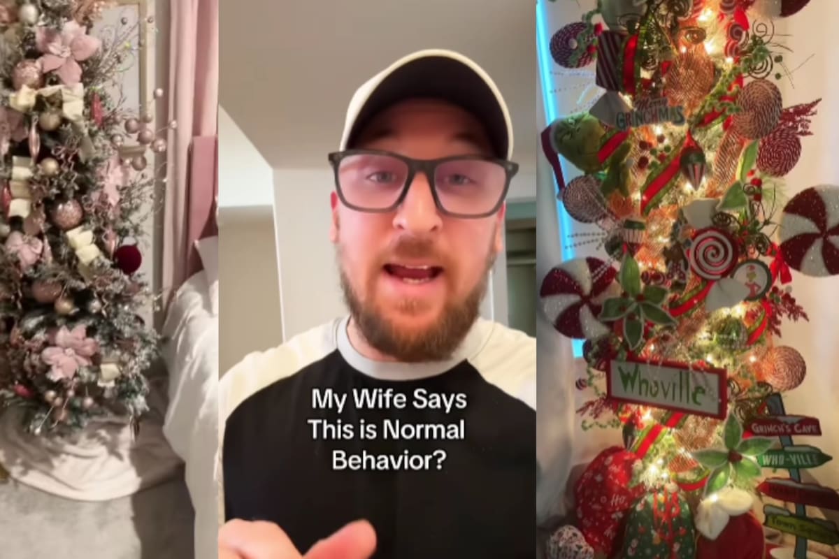 “¿Esto es normal?”: Hombre exhibe cómo su esposa colocó más de 6 árboles de Navidad en su casa.