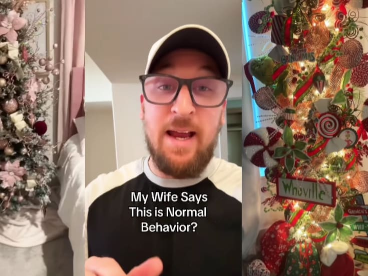 “¿Esto es normal?”: Hombre exhibe cómo su esposa colocó más de 6 árboles de Navidad en su casa.