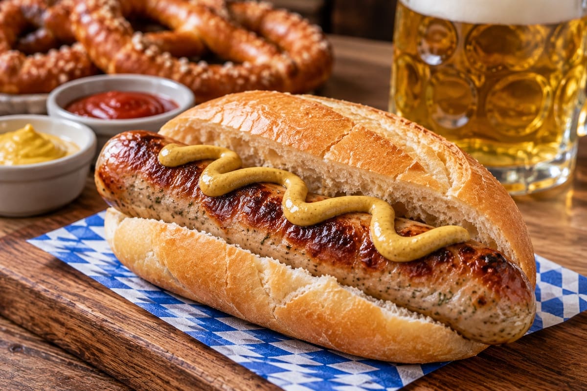 La Bratwurst suele servirse asada dentro de un panecillo y acompañada con mostaza o cátsup, aunque la preparación puede variar según la región de Alemania. | Crédito: Imagen hecha con IA de ChatGPT