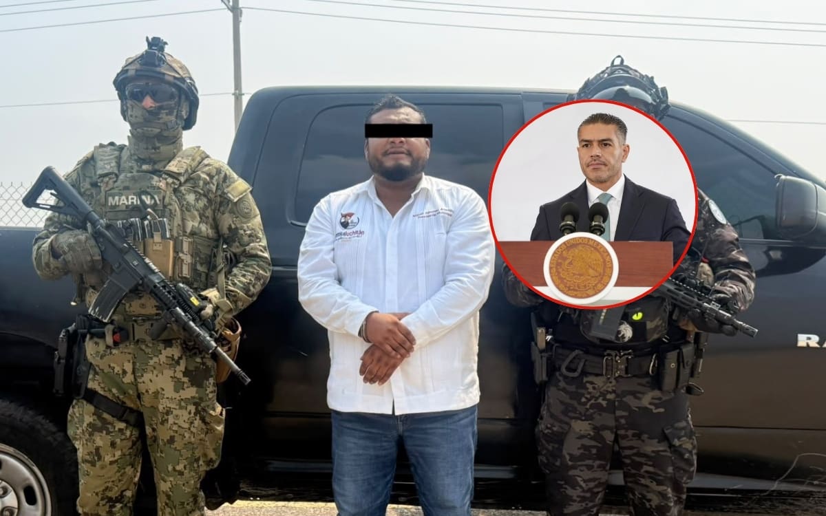 Detienen a Miguel Sánchez, alcalde de Juchitán, por extorsión agravada y delitos contra la seguridad del Estado y lo trasladan a CDMX. | Crédito: X @OHarfuch/Presidencia
