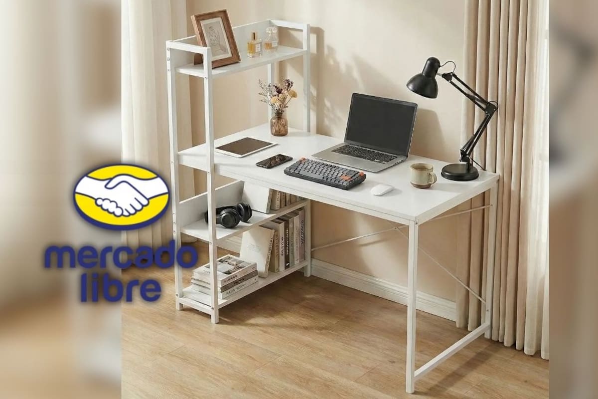 Mercado Libre remata escritorio industrial con estante modular en 1,066 pesos y envío gratis a todo México