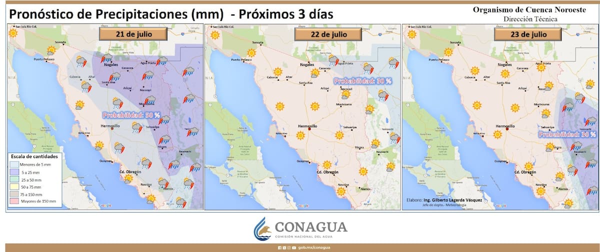 Conagua estima un 50 % de probabilidad de lluvias aisladas en Hermosillo este lunes, con acumulaciones menores a 5 milímetros. FOTO: CORTESÍA