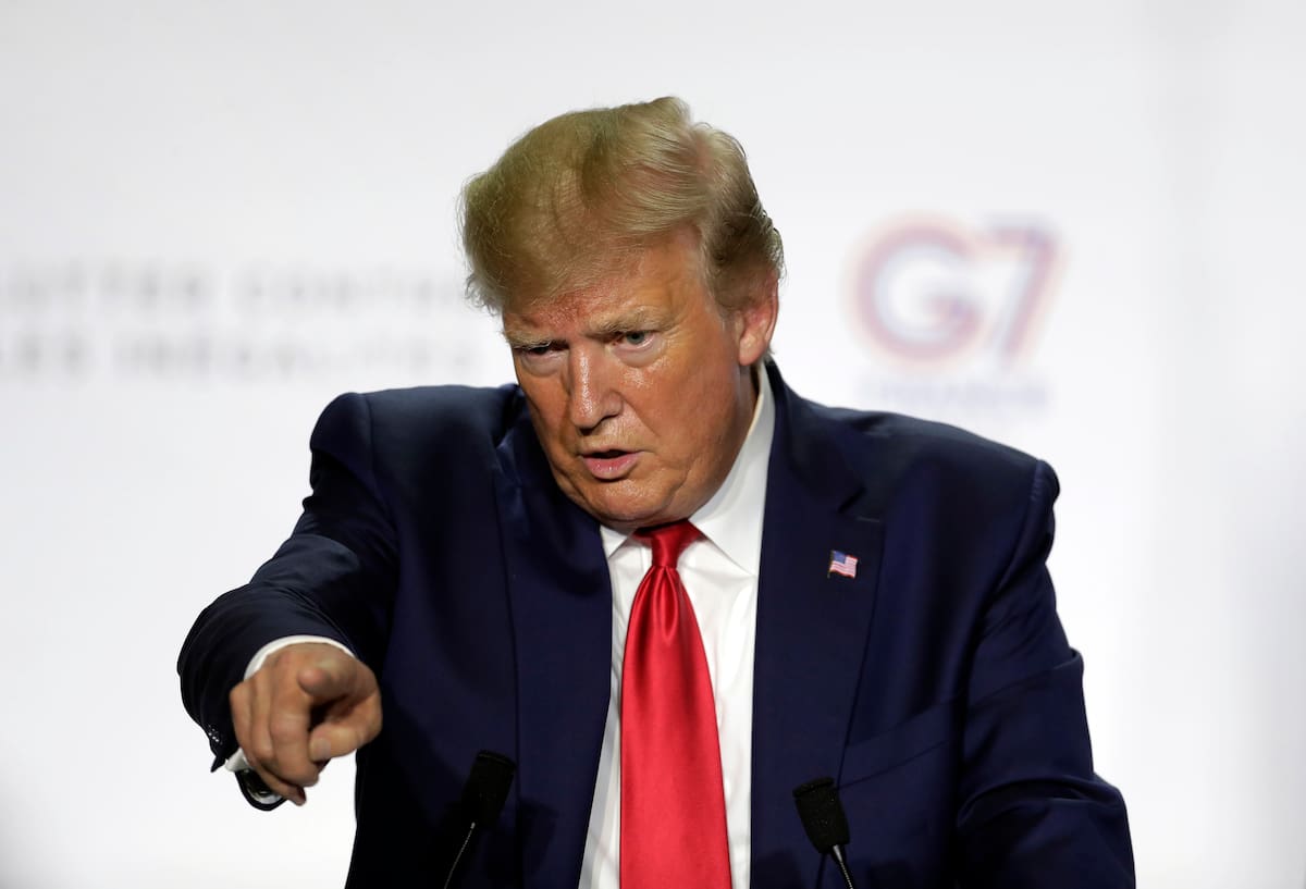 El presidente Donald Trump aparece durante una conferencia de prensa en el tercer y último día de la cumbre G-7 en Biarritz, Francia, el lunes 26 de agosto del 2019. (AP Foto/Markus Schreiber)
