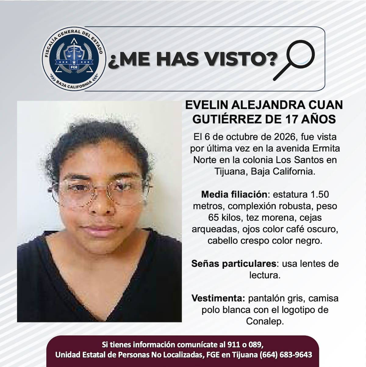 Evelin Alejandra Cuan Gutiérrez fue vista por última vez el 6 de octubre en la colonia Los Santos, en Tijuana. Foto: Cortesía