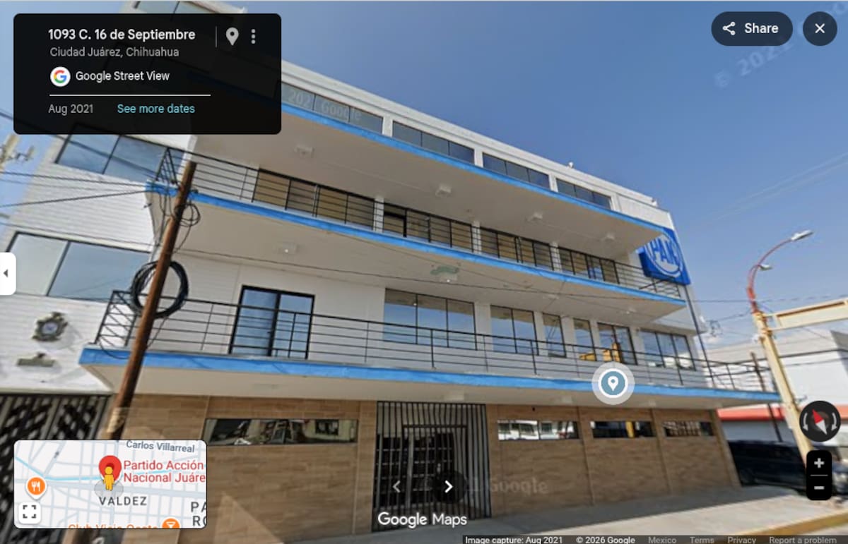 Imagen del edificio sede del PAN en Ciudad Juárez, Chihuahua. | Captura en Google Maps