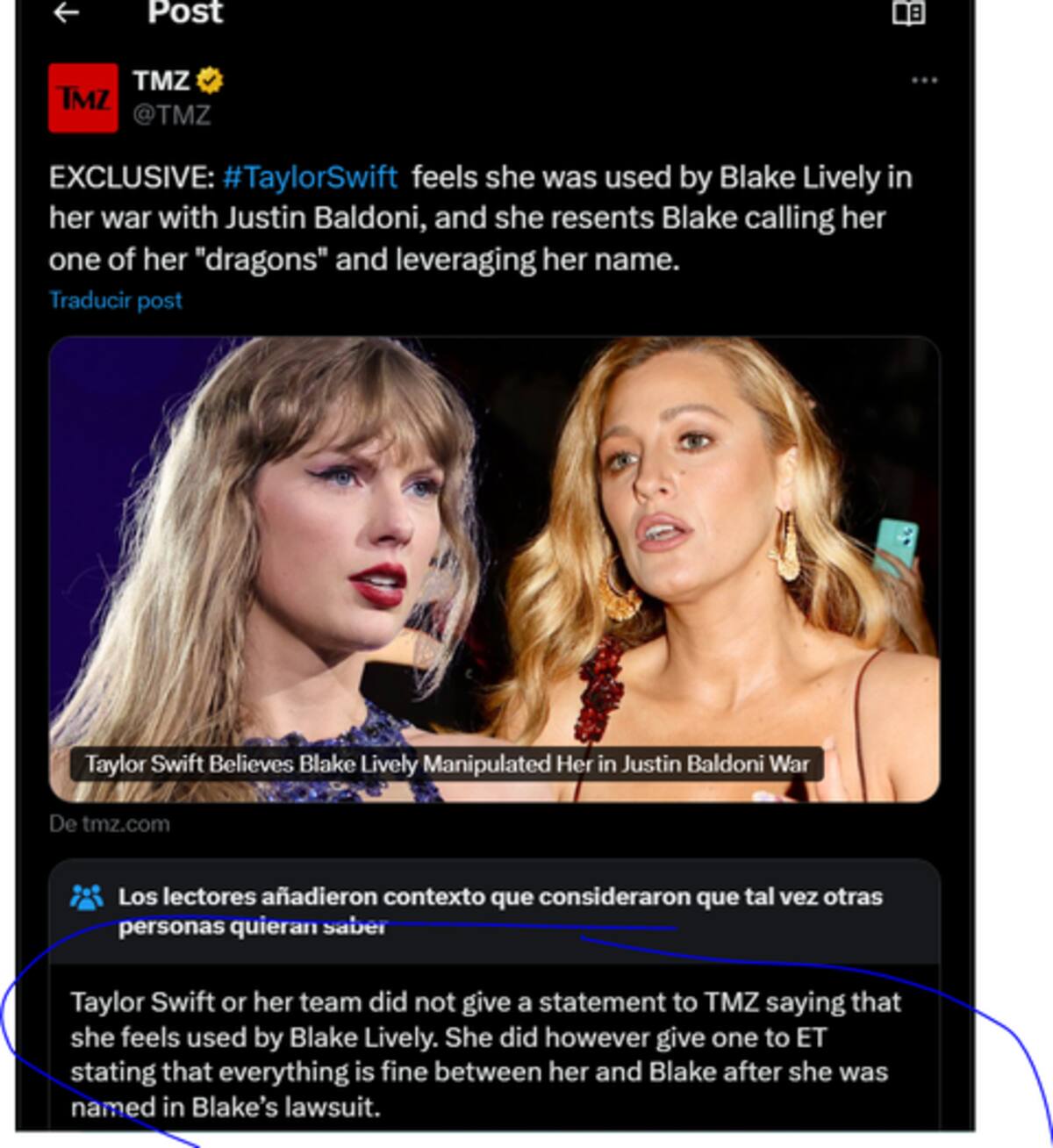 El contexto agregado por los lectores en X desmiente que Taylor Swift este reconsiderando su amistad con Blake Lively. / Captura de Pantalla: X @tmz
