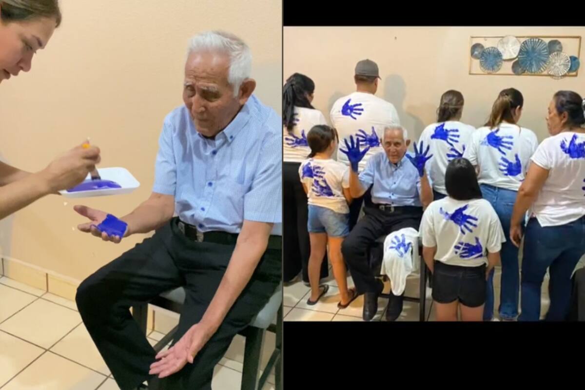Familia hace dinámica con el abuelo y crea camisetas con sus manos pintadas