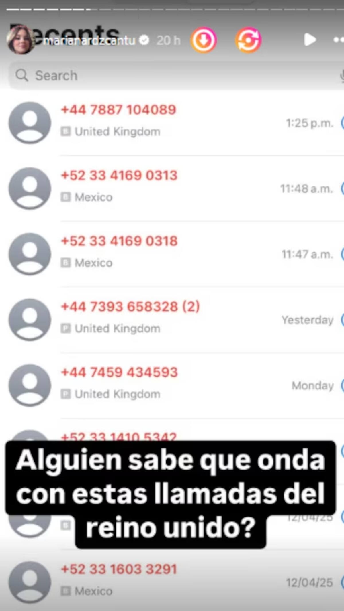 Mariana Rodríguez mostró en redes las llamadas sospechosas con lada +44. | Captura de pantalla: IG @marianardzcantu