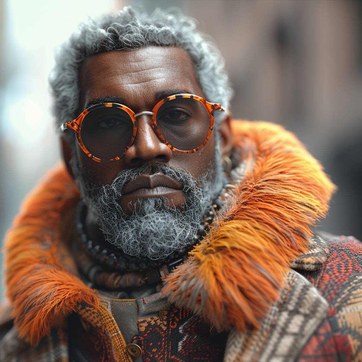 Kanye West, el visionario artista, visto a través de la lente de la inteligencia artificial como un anciano de 65 años, reflejando su legado en la música y la moda.