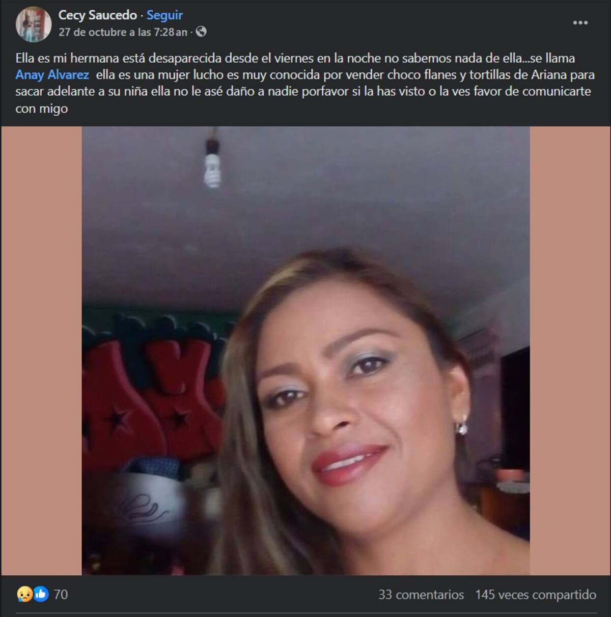 Raquel Álvarez, hermana de Anay, reveló que su última actividad conocida fue llevar a su hija con su padre como parte de un acuerdo de custodia. Post Facebook.