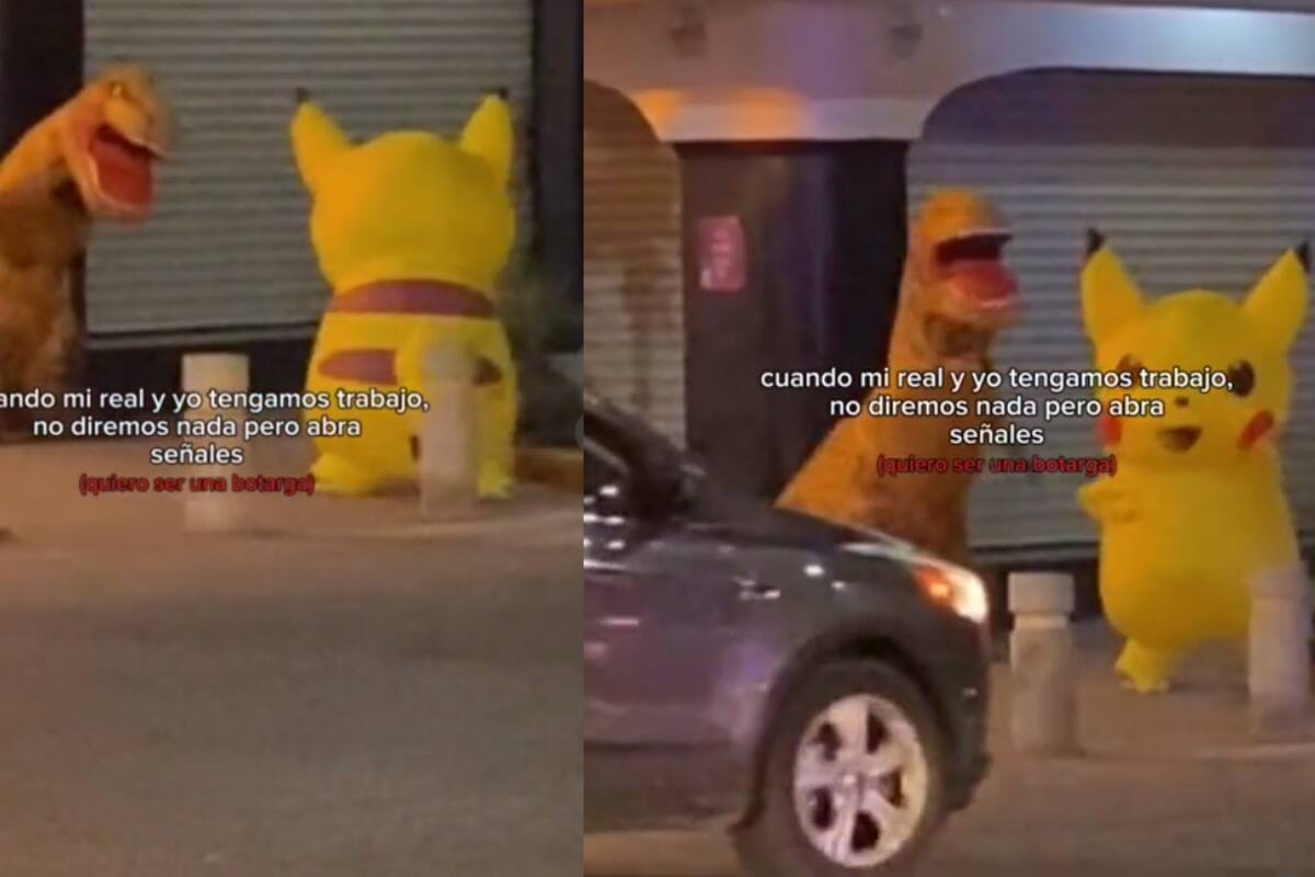 Botargas de Pikachu y dinosaurio son captadas bailando en publico