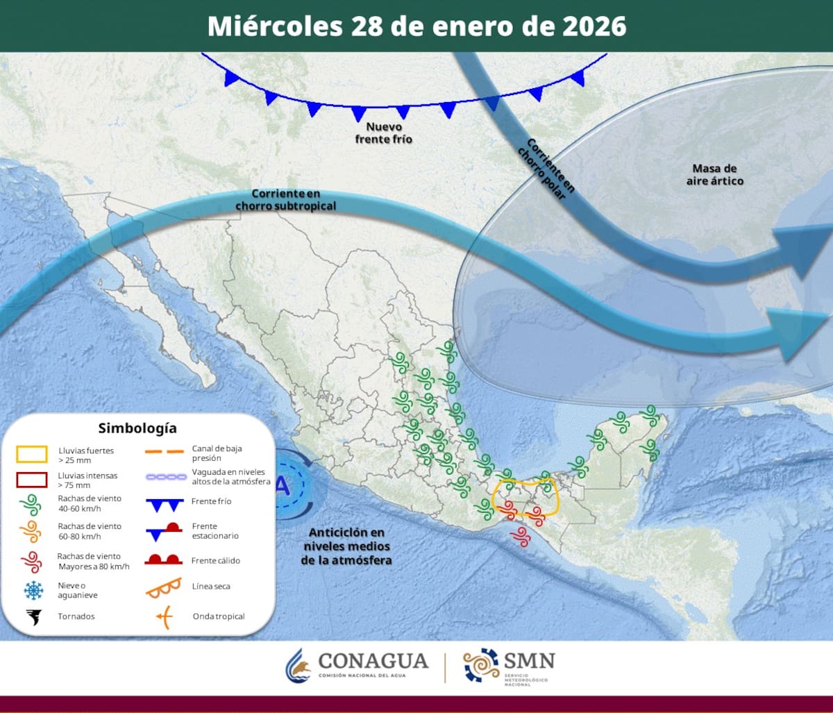 Pronóstico del clima para el miércoles 28 de enero del 2026. | Crédito: SMN