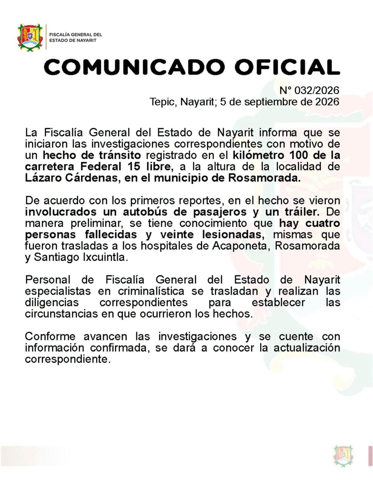 Fiscalía de Nayarit reporta 4 muertos y 20 heridos por choque de autobús que regresaba de acto de Sheinbaum.