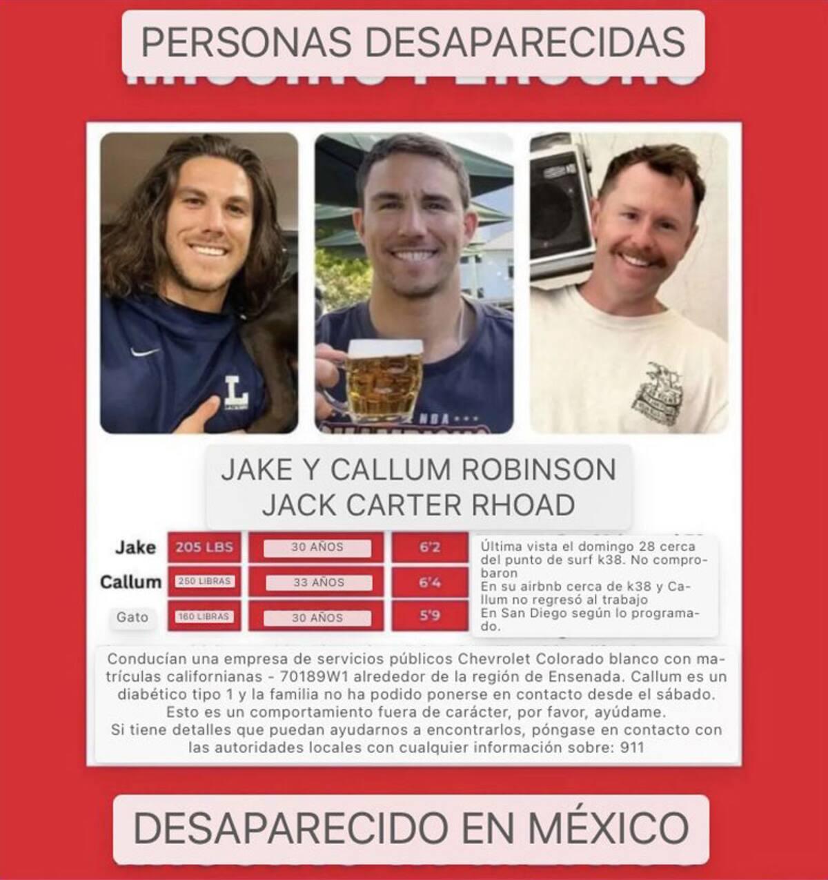 Los desaparecidos son Jake Robinson de 30 años de edad y Callum Robinsons de 30 años de edad, ambos de Australia, y Carter Rhoad de 30 años de edad, de origen estadounidense.